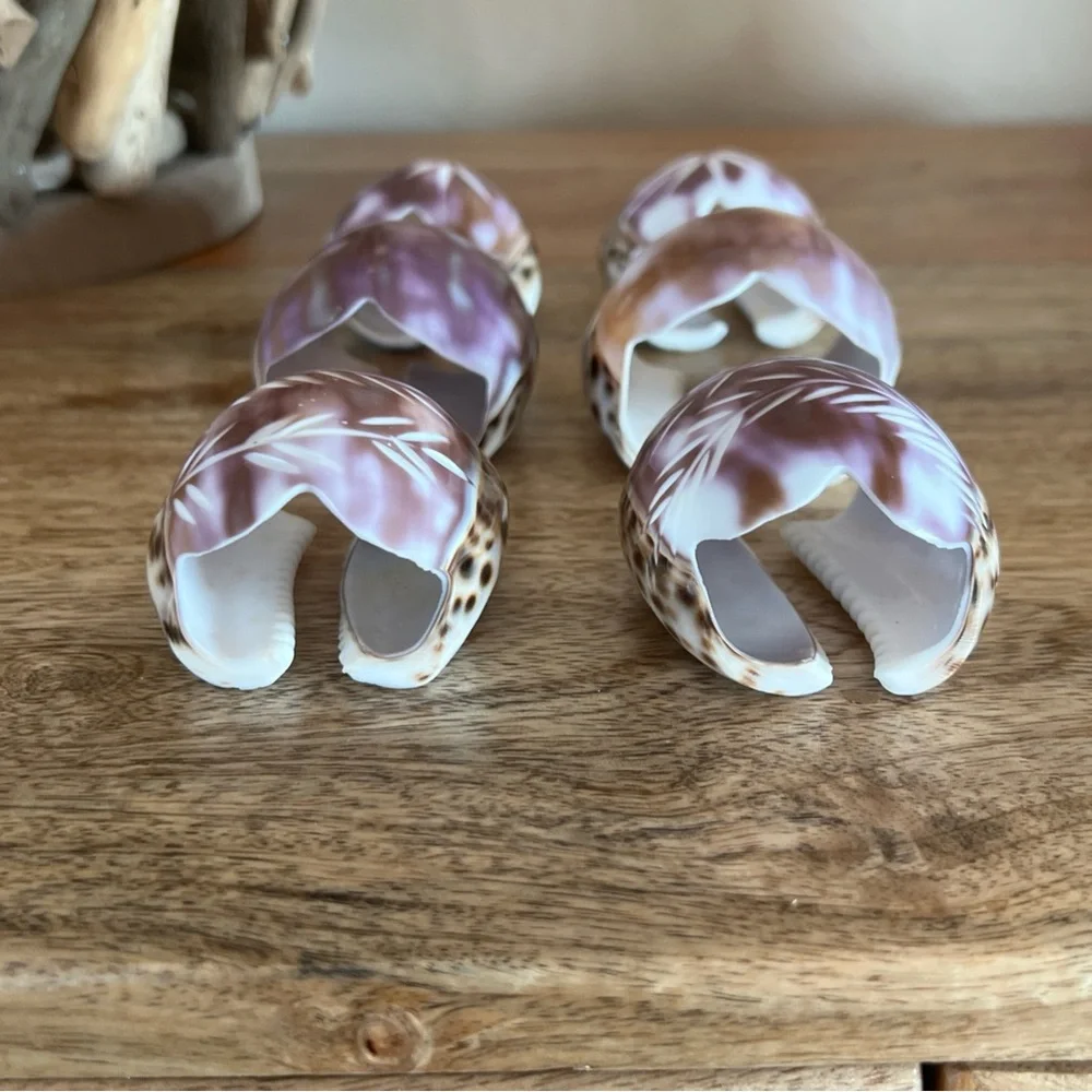 Carved Cowrie Shell set of 6, Napkin Holder Rings Purple Floral Sea Shells